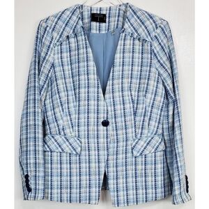 Tahari petite 10 tweed one button blazer blue preppy academia city grandma boho